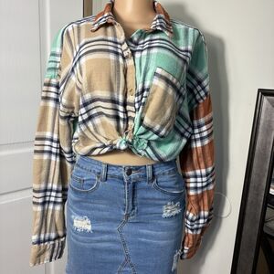 Rue 21 Flannel Shirt Womens XL Patchwork Plaid Cropped Button Down Pocket